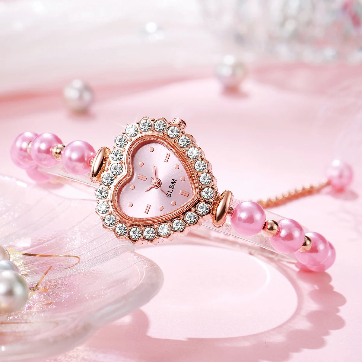 Relógio Feminino Rosa com Mostrador de Coração