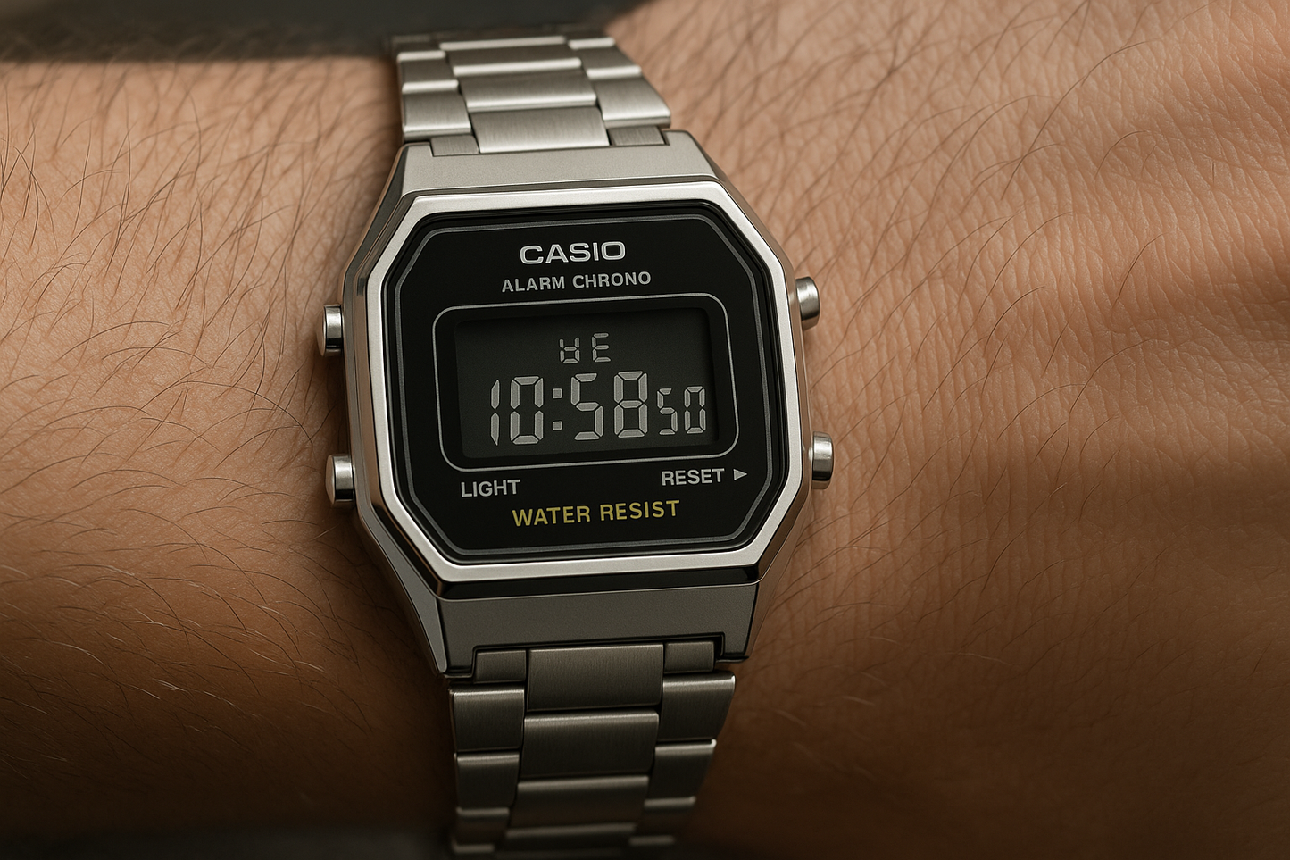 Relógio Casio Mini Vintage Prata LA680WA-1DF-SC focado em cada detalhe e sendo usado no braço de um homem, a pele com textura humana