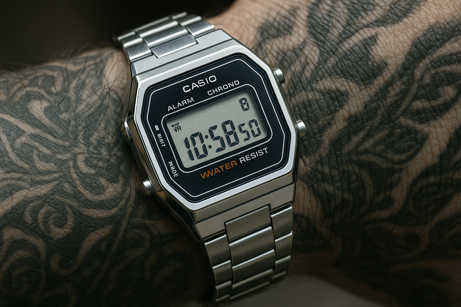 Relógio Casio Mini Vintage Prata LA680WA-1DF-SC focado nos detahes e sendo usado por um homem com braço tatuado e textura humana na pele e tatuagem realista