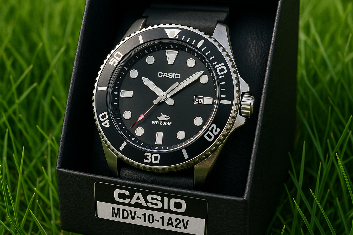 relógio Casio Modelo MDV-10-1A2V com foco em cada detalhe dele, na caixa colocada na grama