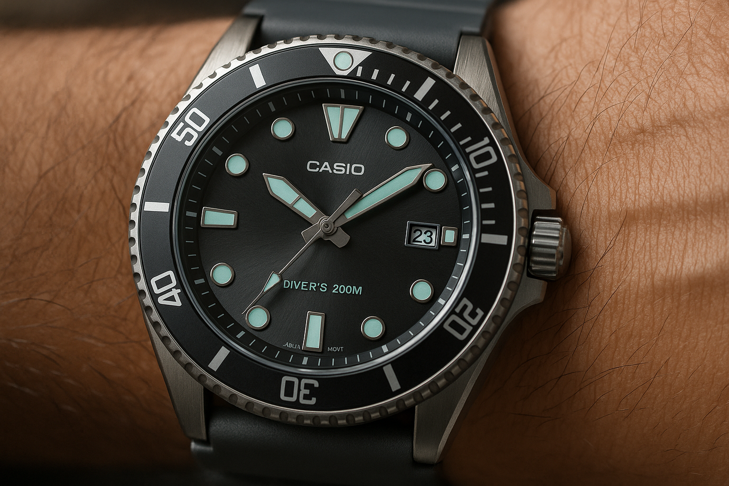 relogio Casio Modelo MDV-10-1A2V com foco nos detalhes, na cor cinza e preto, sendo usado por um homem e pele com textura humana