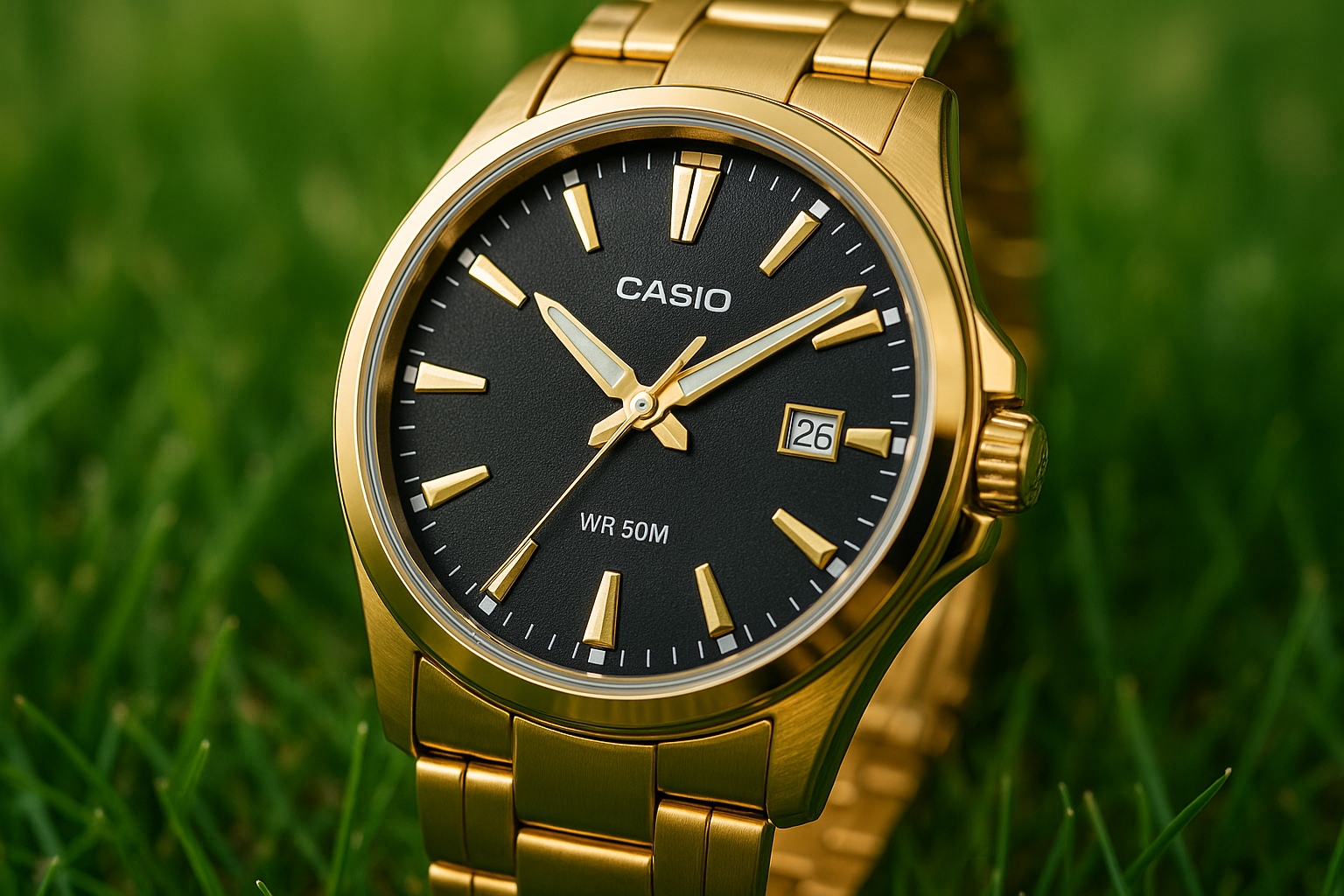 relogio casio MTP-E735GL-1AV com foco em cada detalhe dele, na grama