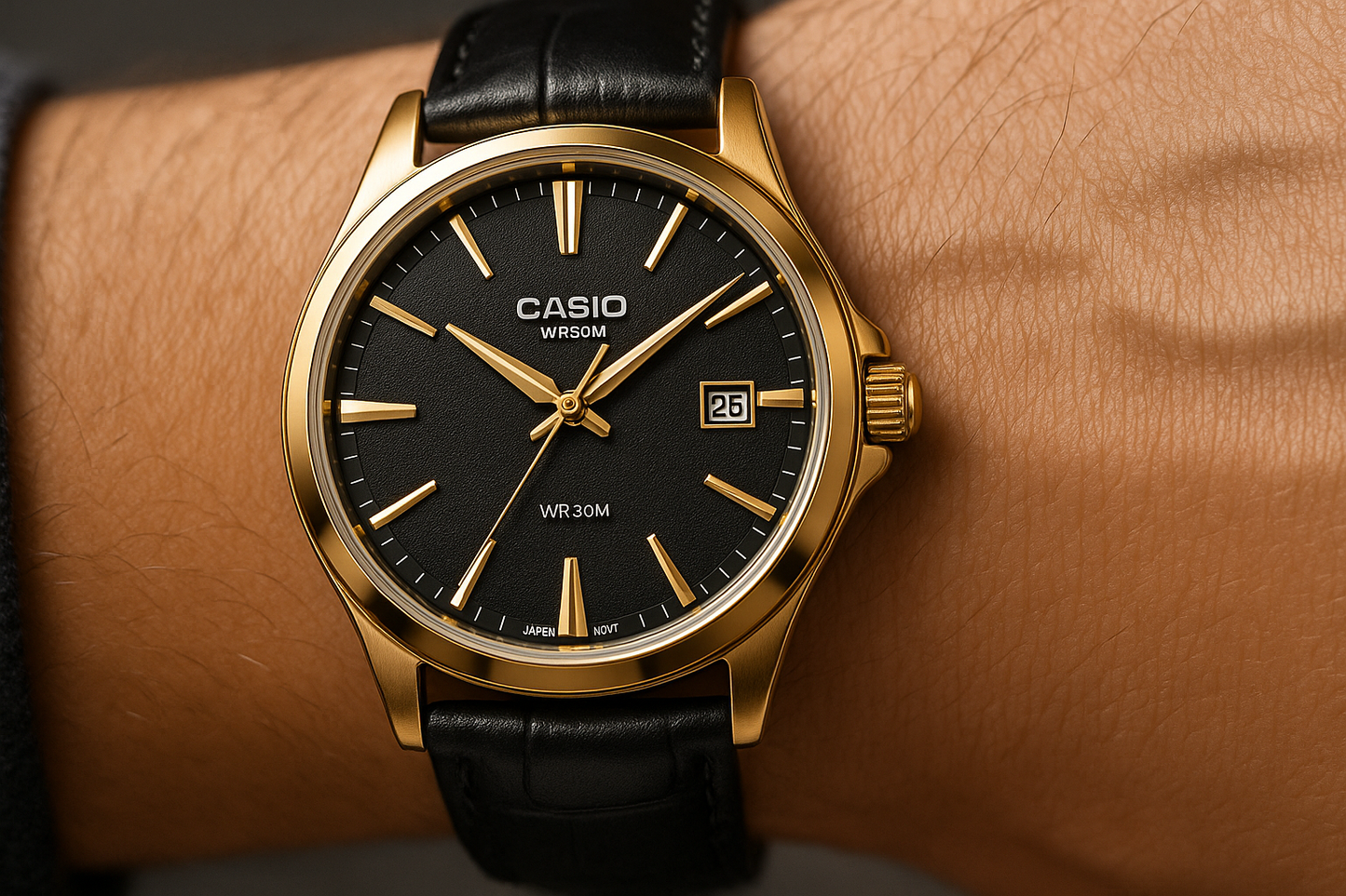 relogio casio MTP-E735GL-1AV com foco em cada detalhe dele, sendo utilizado no braço de um homem, a pele com textura humana