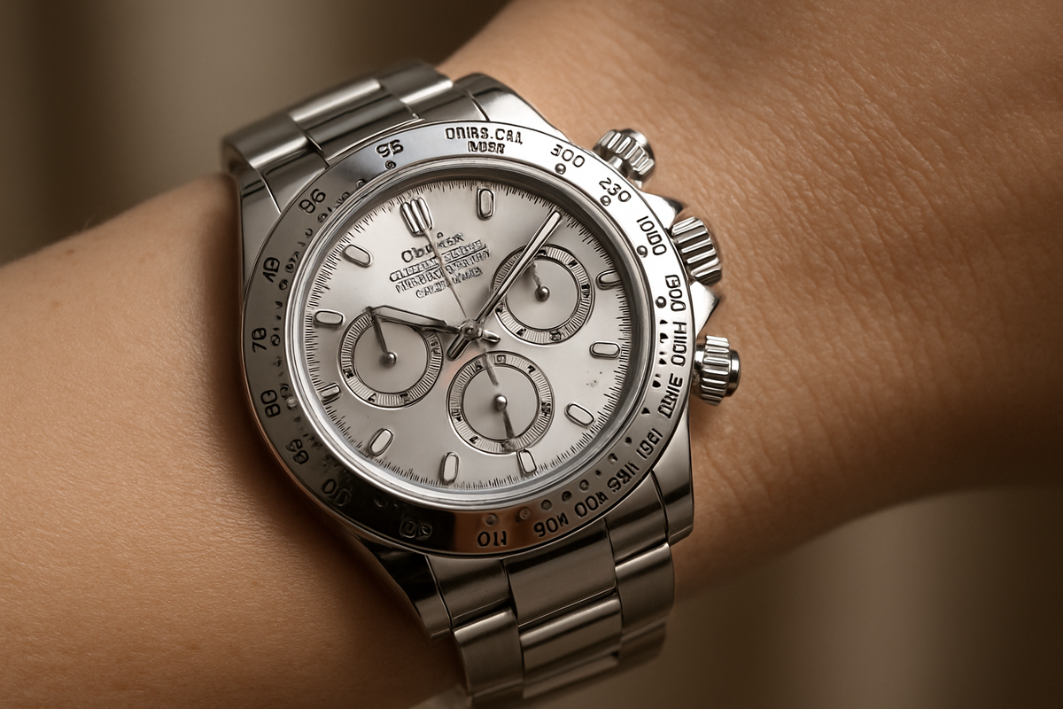 Rolex Daytona Prateado com foco em cada detalhe send usado em um braço femenino e pele com textura humana